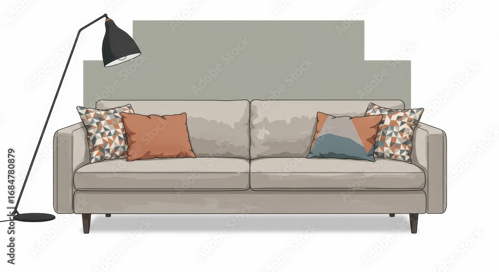 Poster a beige sectional sofa with patterned throw pillows and a floor lamp, presented in a muted color pal