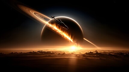 Kosmische Szene mit Raumsonde vor Saturn und Ringen 