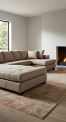 A modern living room boasts a light beige sectional sofa, a coordinating ottoman, and a patterned rug with warm, earthy tones.