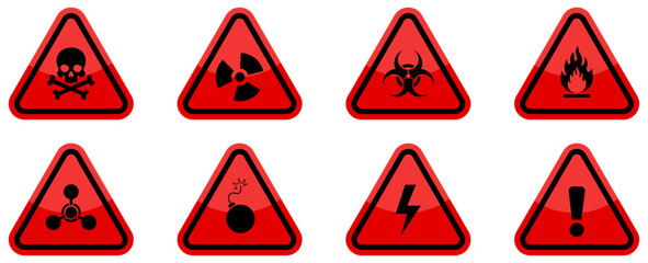 Obraz premium Toxic sign, radiation, biohazard, flammable, chemical, high voltage, exclamation, explosive icons set in red and black color. Biohazard radiation toxic warning icons set. Danger warning sign vector