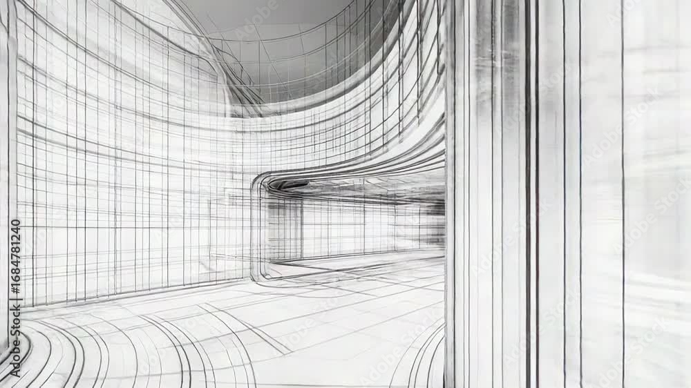 Poster modern architecture wireframe rendering showing a futuristic corridor