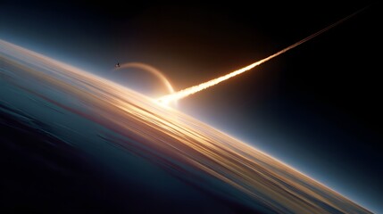 Kosmische Perspektive mit Planet und feurigem Lichtstrahl 