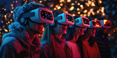 Friends wearing VR headsets at a Christmas party, laughing and interacting with virtual snowball games, festive lights around
