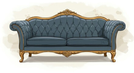 An ornate, luxurious chaise lounge, detailed in a vintage style, showcasing rich blue upholstery and elaborate gold detailing.
