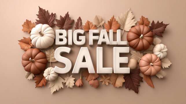 Big fall sale announcement with decorative pumpkins and autumn leaves in warm colors showcasing seasonal offers