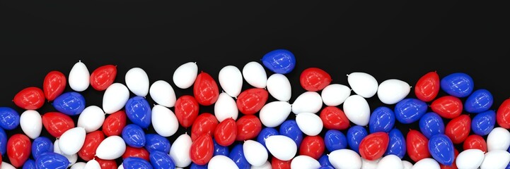 Pied de page de soirée disco avec boule à facettes et ballons rouges, bleus et blancs - rendu 3D