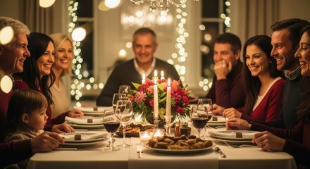 Family and friends gathering for a festive dinner. Group of multi-generational people smiling and talking at holiday meal. Warm social event for reunion.