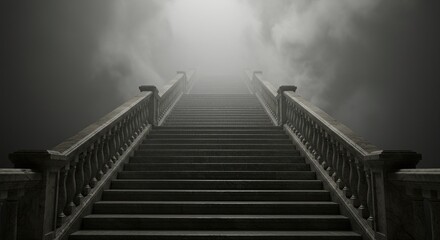 Stone Stairway Ascending Into Foggy Sky, Gothic Architecture