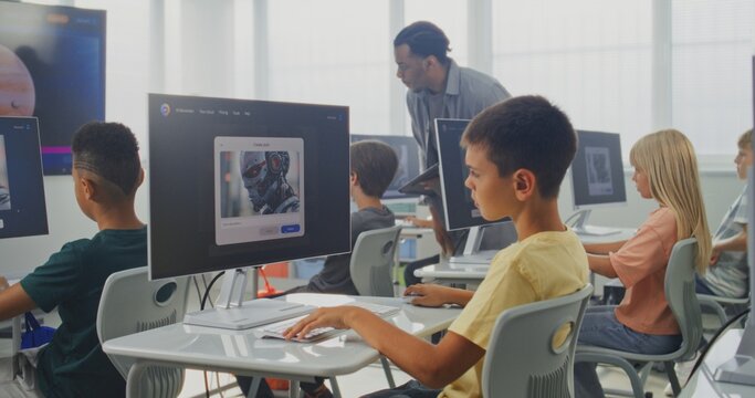 Elementary School Children Using Computers, Creating Digital Illustrations in AI Image Generator. African American Teacher Teaching Young Boys and Girls During Digital Art Lesson. STEM Education.