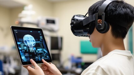 Person using virtual reality headset and tablet with medical imagery.