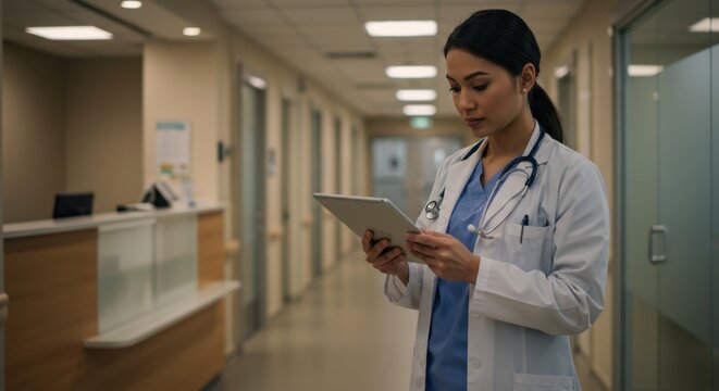 Asian female doctor using a digital tablet in a modern hospital hallway. - Powered by Adobe