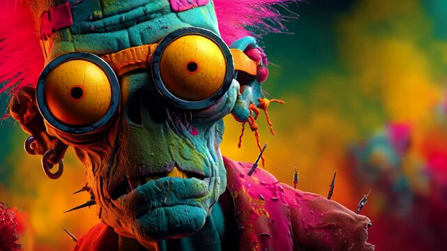 A vibrant cartoon-style zombie monster with bulging eyes and wild hair exhales thick white smoke in a surreal, neon-lit setting.