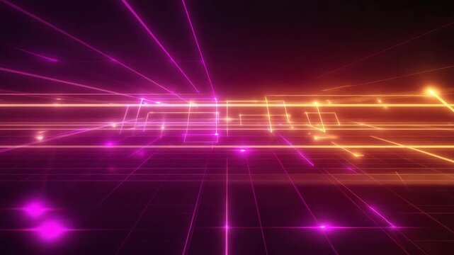 Neon Magenta and Orange Tech Lines in Perspective Grid &mdash; Futuristic Digital Background