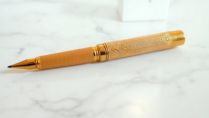 Obraz premium A golden pen resting on a white marble surface