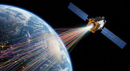 Satellite Orbiting Planet Earth with Colorful Data Streams in Space