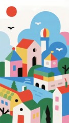 Obraz premium Colorful Village with Geometric Houses and Rolling Hills