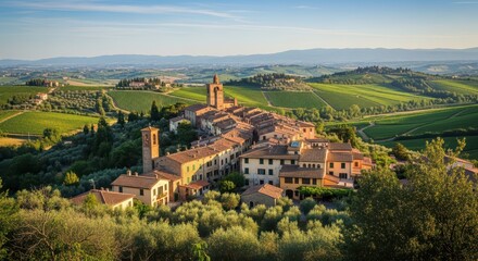 Obraz premium Picturesque tuscan village with traditional houses and a tall church tower among rolling hills covered with vineyards for travel.
