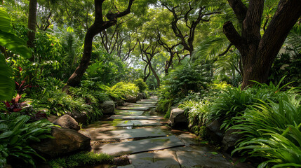 Stone slabs laid out as a pathway, surrounded by lush green trees and foliage in a natural setting.