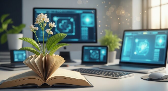 Plant with white flowers growing from open book on desk with computer screens. Education concept digital learning environment for student.