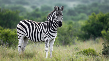 Fototapeta premium Zebra standing on green grass amidst natural.