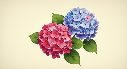 Hydrangea Blooms Pink and Blue Flowers with Green Leaves on Creamy Background
