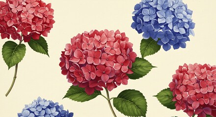 Red and Blue Hydrangea Flowers on Light Background Floral Pattern