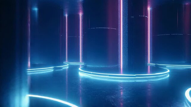 Futuristic neon glowing columns illuminating dark room background