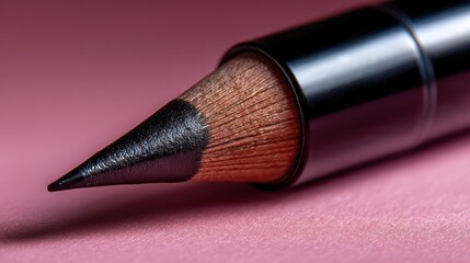 Close-up of a black makeup pencil tip on a pink background, showcasing texture and detail.