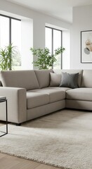 A light beige sectional couch sits in a bright, airy living room with large windows.
