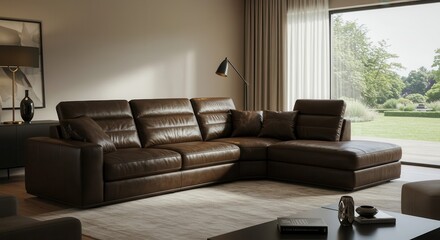 A contemporary brown leather sectional sofa situated in a sun-drenched living room with a view of a landscaped garden.