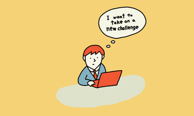 退屈なルーチンワークをしながら、新しい挑戦機会が欲しいと悩むビジネスマンのイラスト