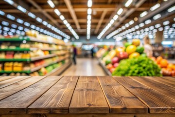 Empty wood table top with supermarket blurred background for product display
