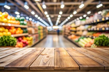 Empty wood table top with supermarket blurred background for product display