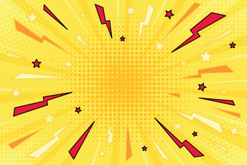 Comic yellow pop art background with thunder lightning. Zoom effect creative halftone sale banner. Superhero background