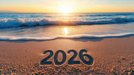 Sign with the numbers 2026 on a tropical beach at sunrise, symbolizing the New Year, planning, new beginnings, career path, business strategy, opportunities, changes, and vacation goals