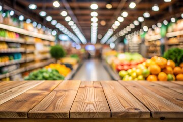 Empty wood table top with supermarket blurred background for product display