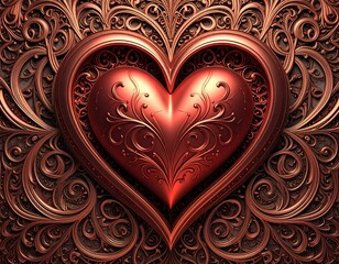 Ornate red heart on a dark brown filigree background