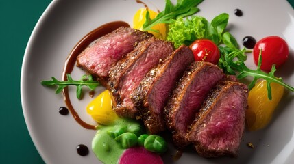 Grilled steak served on a plate with colorful vegetables and garnishes.