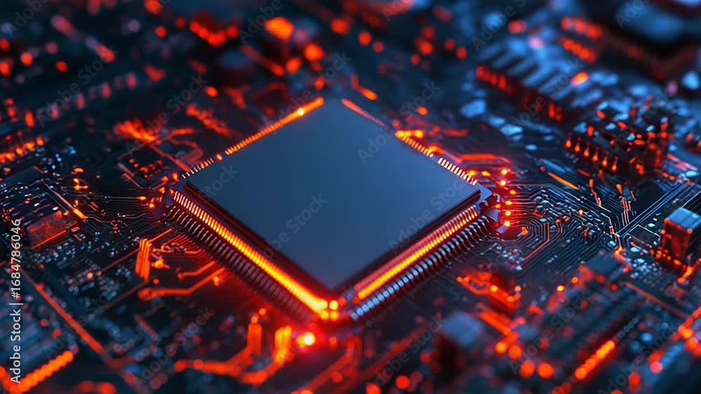 Poster cpu processing data on motherboard with orange glowing circuits