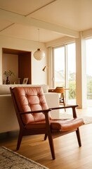 Fototapeta premium A stylish, mid-century modern leather armchair sits in a sun-drenched, light-filled living room, featuring warm tones and natural light.