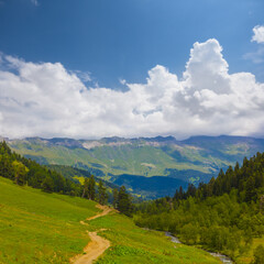Fototapeta premium beautiful green mountain valley under blue cloudy sky