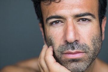Obraz premium Close-up portrait of a man with a thoughtful expression, his hand supporting his chin, showcasing a serious mood against a muted backdrop.