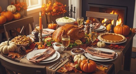 Traditional baked turkey, pumpkin pie and fall decor on a festive table setting ready for Thanksgiving dinner in a cozy home setting with a fireplace.