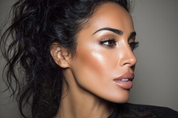 Fototapeta premium A captivating close-up portrait of a woman with meticulously applied makeup, highlighting her beautiful features and luxurious dark hair.