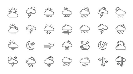 Weather Icons Set | Thin Line Editable Stroke Symbol Collection for Forecast and Climate