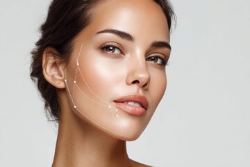 Close-up portrait of a woman with flawless skin showcasing subtle, light lines highlighting facial contours, creating a sophisticated and elegant aesthetic.