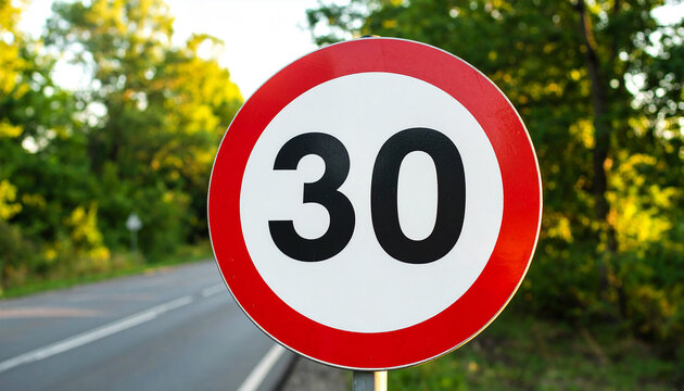 Traffic sign, 30 km h maximum speed limit on quiet countryside road. Blurred trees and asphalt road