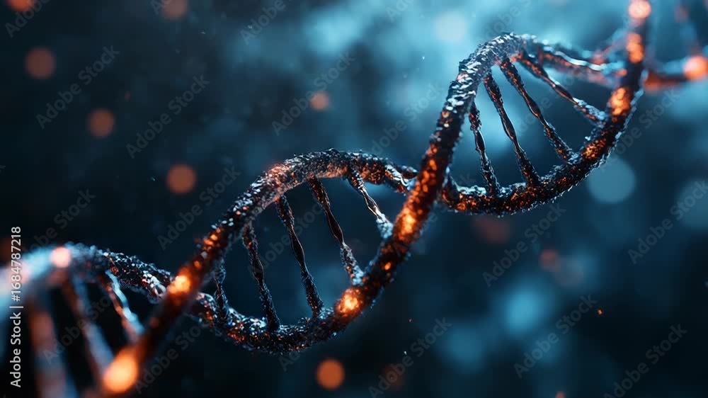 Poster burning dna helix rotating on dark blue background with bokeh