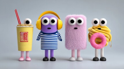 Colorful cartoon characters representing food items, including a drink, a noodle cup, a fluffy creature, and a donut, all with large eyes and playful expressions, showcasing a whimsical and fun atmosp