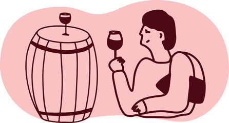 Linear line art illustration of wine tasting, sommelier, winemaking, gourmet lifestyle, people drinking wine, minimal continuous drawing style